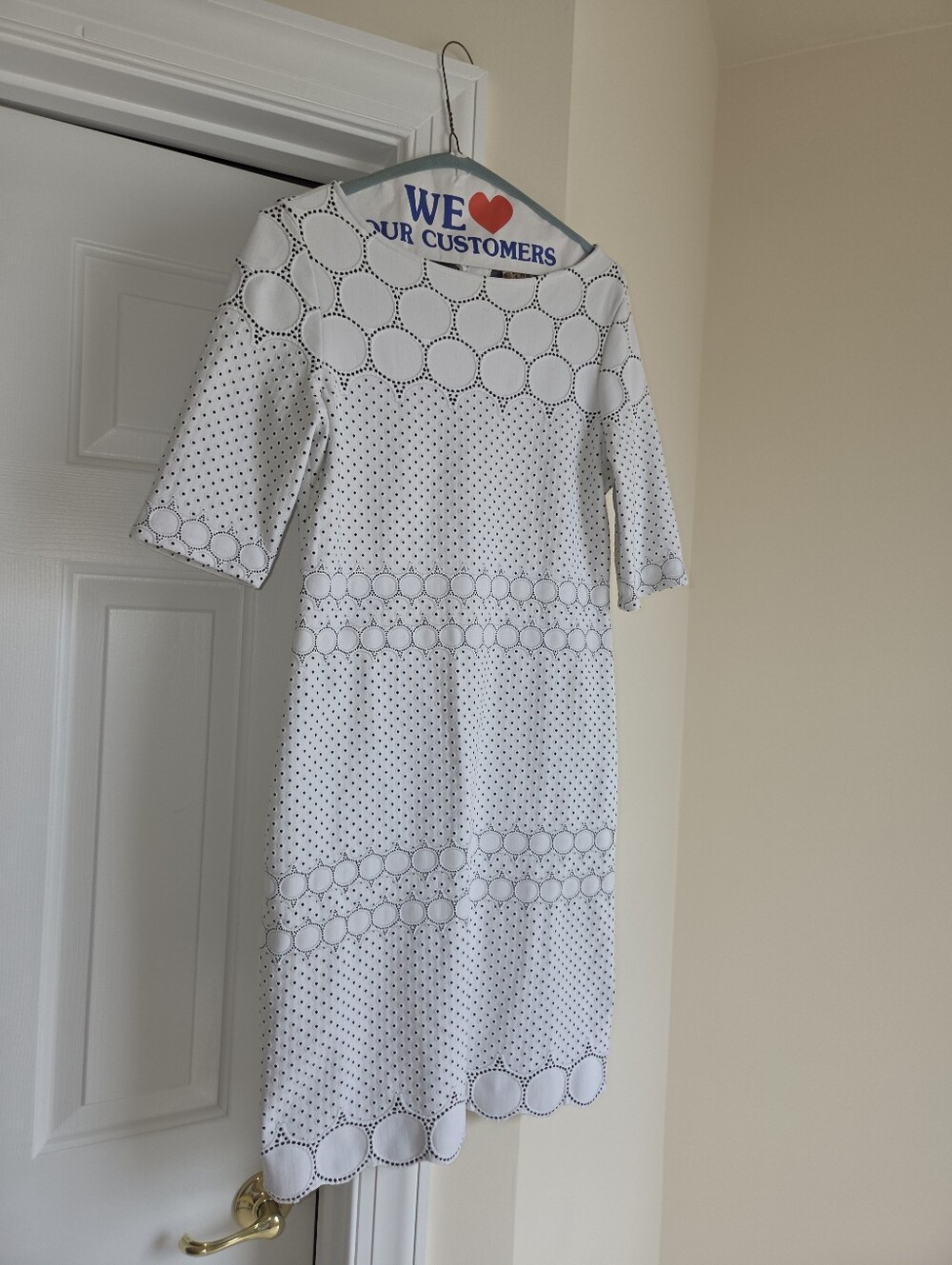 White Polka Dot Midi Dress with Circle Trim